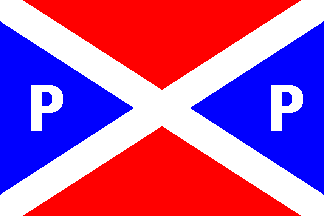 divided by a white saltire into blue(hoist and fly) with a white capital “P” each and red(top and bottom)